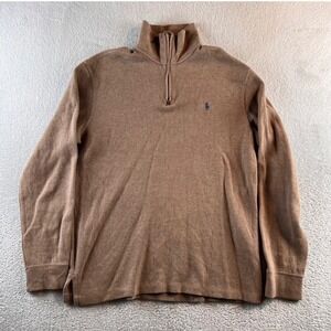 Polo Ralph Lauren Mens Quarter Zip Cotton Knit Sweater Tan Brown Medium